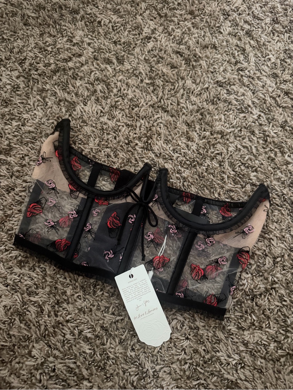 For Love And Lemons Black Sheer Bustier with Red & Pink Floral Embroidery